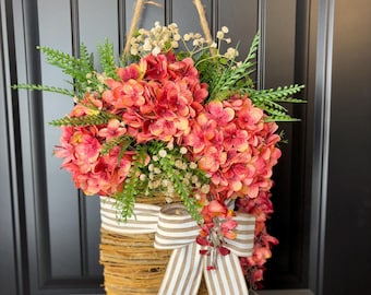 Mauve Hydrangea Door Basket, Farmhouse Summer Wreath, Cottagecore Floral Decor