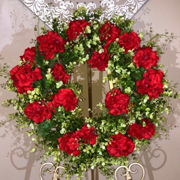 Geranium Floral Wreath, Red Geranium Wreath, Wreath For Front Door, Porch Wreath, All Year Round Floral Wreath, Geranium Wreath