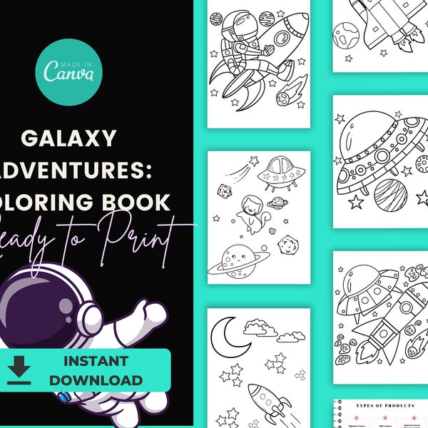 Galaxy Adventures: Digital Coloring Book | Spaceship Coloring Book | Outer Space Printables | Kids Coloring|