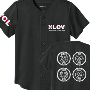 May include: Black baseball jersey with short sleeves and a button-up front. The jersey features the text "XLCV" in white and red on the chest, and "CL" on the sleeve. The back of the jersey has four circular graphics with text.
