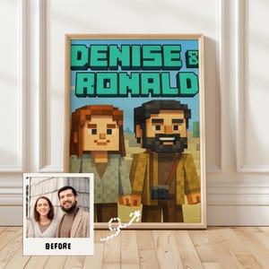 May include: A framed print featuring pixelated characters and the names "DENISE & RONALD" in a retro video game style. Below the print is a small photo labeled "BEFORE" with a couple.