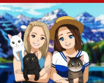 Anime Paar Porträt, Benutzerdefinierte Anime Zeichnung vom Foto, personalisierte Anime Kunstwerk, Anime Familie Illustration, Anime Geschenk für Mama