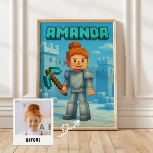 May include: Framed print featuring a pixelated character holding a pickaxe, with the name "AMANDA" in large, block letters. The character has red hair and is set against a blue castle backdrop. A small photo with the word "BEFORE" is in the lower left.