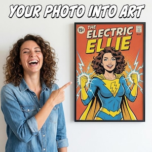 May include: A framed comic book cover titled "The Electric Ellie" with a superheroine in a blue and yellow costume. The image is on an orange background. The text "YOUR PHOTO INTO ART" is above the framed image.