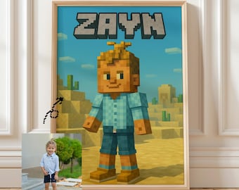 Minecraft-Inspired Custom Portrait, Pixel Gamer Art from Photo, Holiday Present for Him or Her, Christmas Gamer Gift Poster