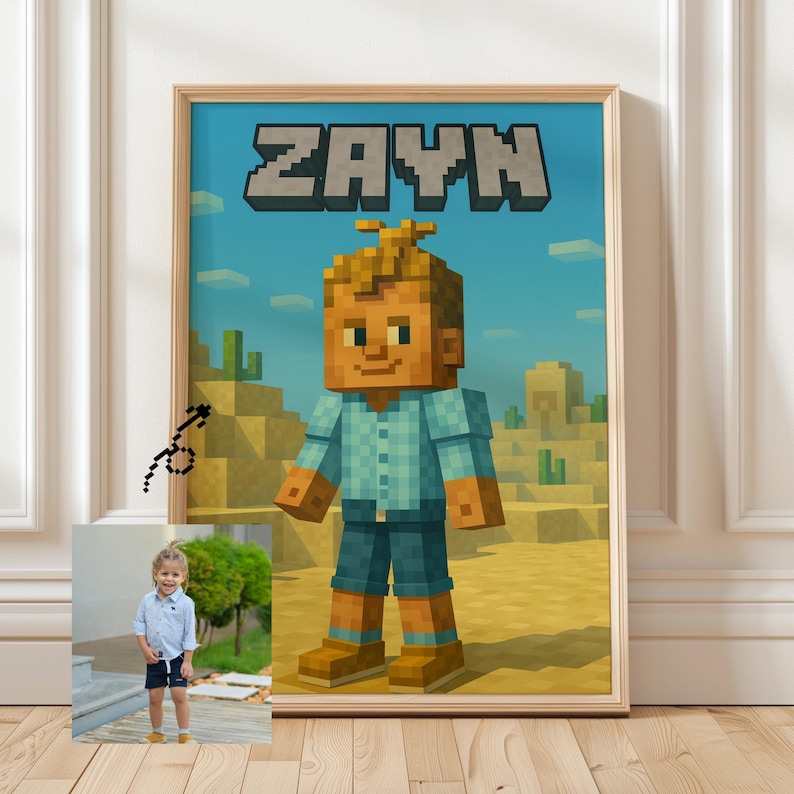 May include: A framed print featuring a pixelated character with the name "ZAYN" in block letters. The character is wearing a blue shirt and shorts, set against a desert landscape with cacti and a blue sky. A small photo of a child is in the corner.