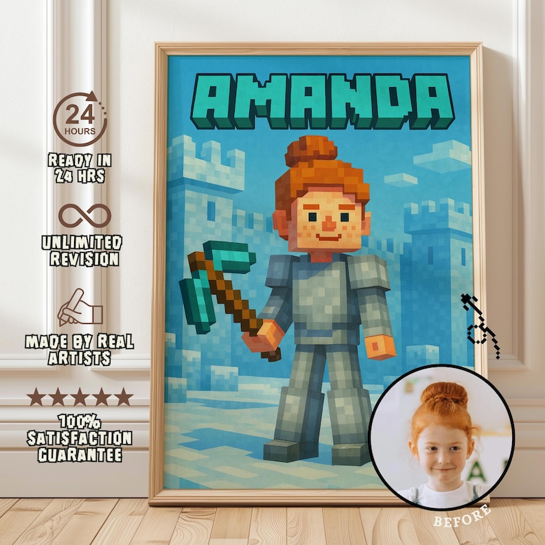 May include: A framed print featuring a pixelated character holding a pickaxe, with the name "AMANDA" in large letters above. The background shows a castle scene. Additional text on the frame includes "READY IN 24 HRS", "UNLIMITED REVISION", and "100% SATISFACTION GUARANTEE".