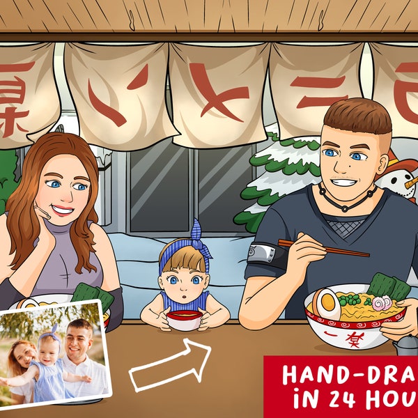 Benutzerdefinierte Restaurant Ramen Anime Portrait | Personalisierte Anime Illustration | Verwandle dich in einen Cartoon | Illustration Geschenk | Süßes Weihnachtsgeschenk