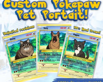 Personalisierte Poke Haustier Karte Personalisierte Anime Haustier Porträt | Niedliches Haustier Cartoon Poster | Haustier Sammelkarte Geschenk | Einzigartige Haustierkunst im Anime-Stil