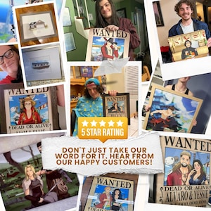 May include: A collage of framed art prints and posters, including "Wanted" style illustrations and watercolor paintings. The prints feature various characters and scenes, with a 5-star rating graphic and customer testimonials.