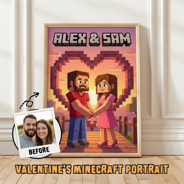 Personalized Minecraft Portrait Art | Custom Pixel Couple Illustration | Gamer Room Decor | Valentine Present for Him/Her