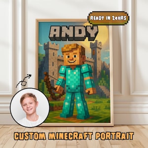 May include: A framed custom Minecraft portrait featuring the name "ANDY" in pixelated text. The artwork depicts a Minecraft character in teal armor with a bow and arrow, set against a castle backdrop. The text "READY IN 24HRS" is displayed.