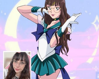 May include: Anime-style illustration of a person in a Sailor Scout uniform. The character wears a white top with a blue bow, a teal skirt, and white gloves. The person has brown hair, glasses, and a star-shaped choker. A smaller photo of the person is in the corner.