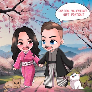 カスタムちびキャラクターポートレート | 写真からのデジタルちびアート | かわいいお絵かきギフト | ちびカップルアート | バレンタインデーカップルアート