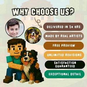 May include: An image with the text "WHY CHOOSE US?" features a pixelated person with a dog and two circular images of a person and a dog. The image also includes text that reads "DELIVERED IN 24 HRS", "MADE BY REAL ARTISTS", "FREE PREVIEW", "UNLIMITED REVISIONS", "SATISFACTION GUARANTEED", and "EXCEPTIONAL DETAIL".