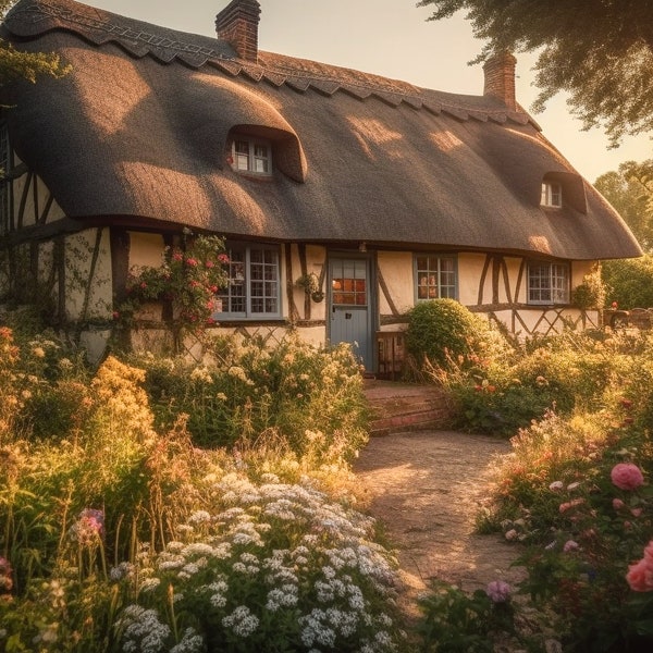 English country cottage with a thatched roof