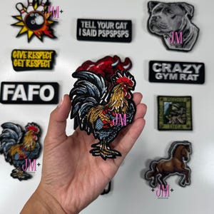 Pode incluir: Uma coleção de patches bordados com vários designs, incluindo um galo, um cão, um cavalo e patches de texto com as frases "GIVE RESPECT GET RESPECT", "FAFO", "CRAZY GYM RAT" e "TELL YOUR CAT I SAID PSPSPSPS".