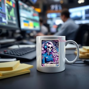 May include: White ceramic mug with a colorful illustration of a skeleton wearing a headset and a police uniform. The text "The 911 Dispatcher" is printed below the image.