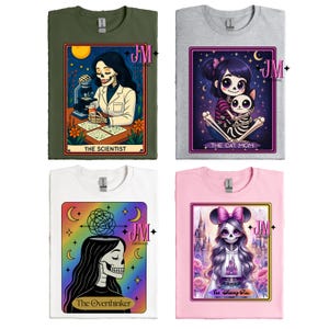 May include: Four t-shirts with unique designs. One is olive green with "The Scientist" graphic. Another is gray with "The Cat Mom" graphic. A white shirt features "The Overthinker". The last is pink with "The Disney Girl" graphic.