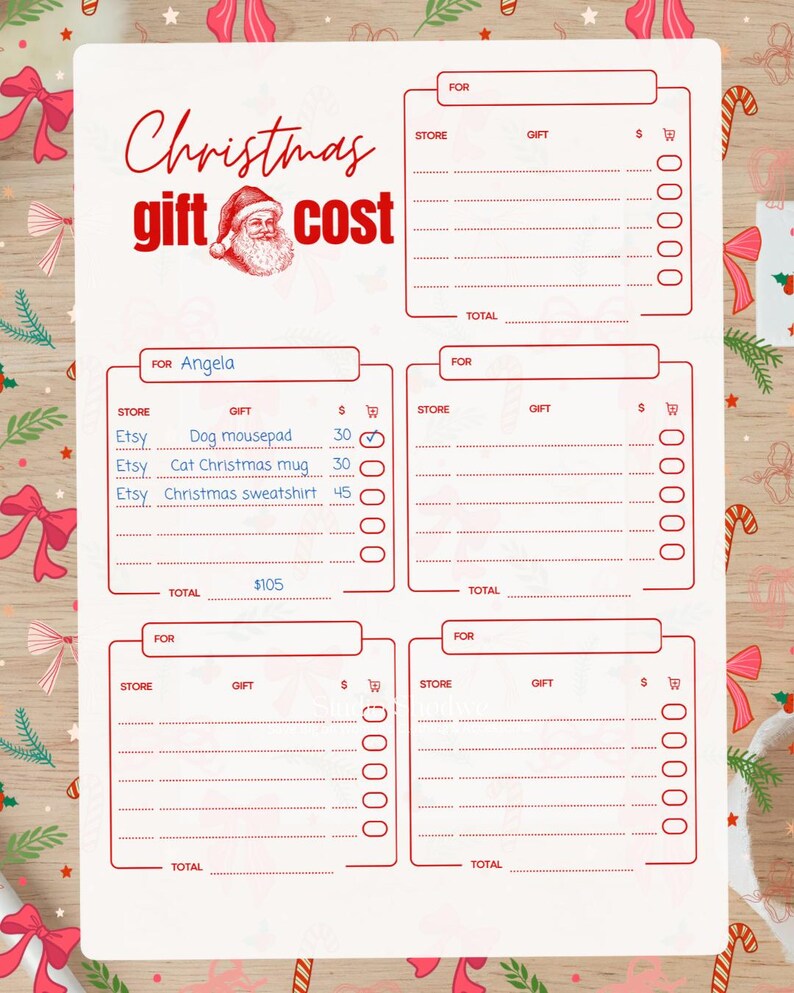Christmas Gift Cost Tracker Holiday Budget Planner Printable