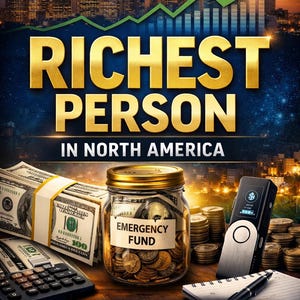 May include: Image promoting financial literacy. Features stacks of $100 bills, a jar labeled "Emergency Fund" filled with coins, a calculator, and a digital device. Text reads "Richest Person in North America" and "The 2026 Wealth System".