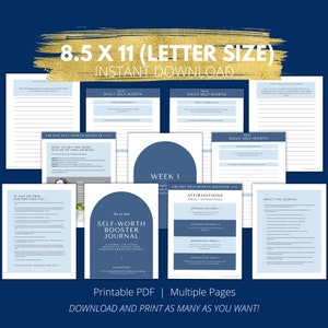Op de afbeelding: Een printbaar PDF-journaal met een blauw en wit kleurenschema. Het journaal is getiteld "The 30 Day Self-Worth Booster Journal" en bevat dagelijkse zelfwaardering-affirmaties, wekelijkse affirmaties en een sectie voor het bijhouden van een dagboek. Het journaal is ontworpen om mensen te helpen hun zelfvertrouwen te vergroten en hun gedachten over zelfvertrouwen te veranderen.