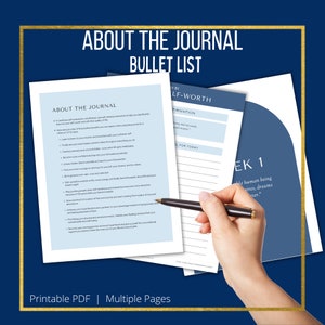 Op de afbeelding: Een printbaar PDF-journaal met een blauwe en witte omslag. Het journaal is getiteld "About the Journal Bullet List" en bevat een sectie met de titel "Self-Worth Affirmation".