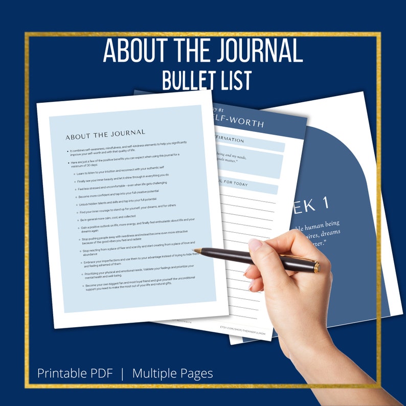 Op de afbeelding: Een printbaar PDF-journaal met een blauwe en witte omslag. Het journaal is getiteld "About the Journal Bullet List" en bevat een sectie met de titel "Self-Worth Affirmation".