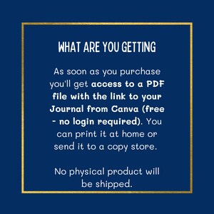 Op de afbeelding: Een gouden tekstkader op een donkerblauwe achtergrond. De tekst luidt: "WHAT ARE YOU GETTING As soon as you purchase you'll get access to a PDF file with the link to your Journal from Canva (free - no login required). You can print it at home or send it to a copy shop. No physical product will be shipped."