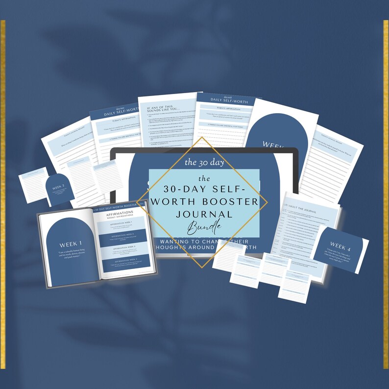 Op de afbeelding: Een digitale productbundel voor een 30-daags zelfwaardestijgeringsjournaal. De afbeelding toont een computerscherm met de titel "the 30-day self-worth booster journal bundle" en verschillende afdrukbare pagina's met de woorden "week 1", "week 4", "daily self-worth" en "affirmations".