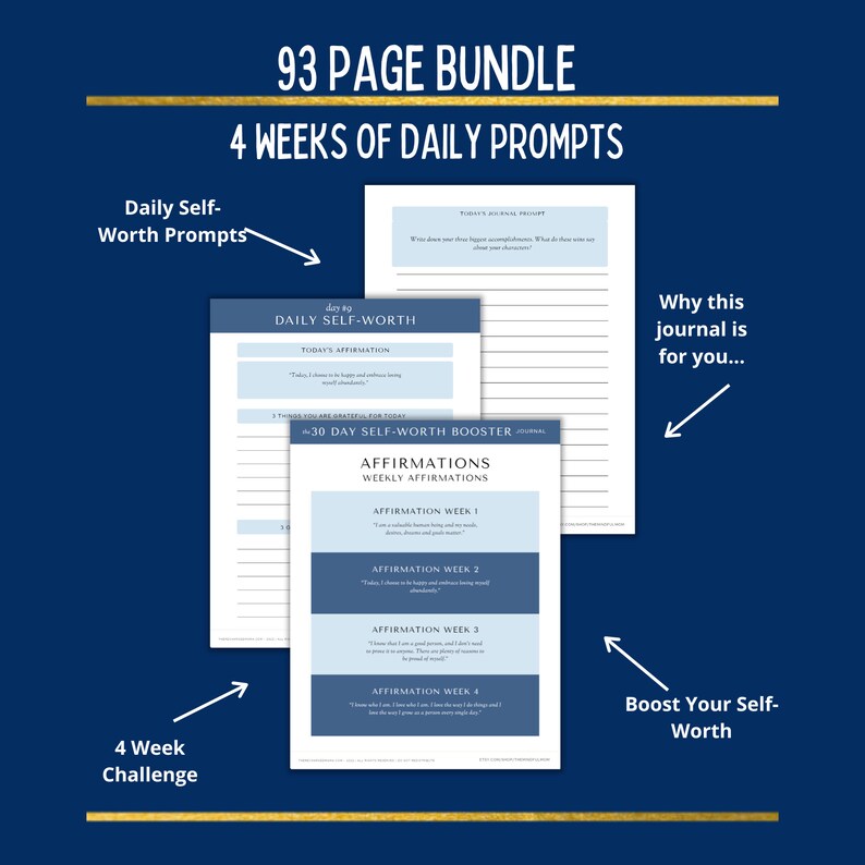 Op de afbeelding: Een 93-pagina's tellende journalbundel met dagelijkse zelfwaarderingsprompts en affirmaties voor een 4-weekse uitdaging. Het journal heeft een blauw-wit kleurenschema met een gouden rand. De tekst "day to DAILY SELF-WORTH" is zichtbaar op de omslag.
