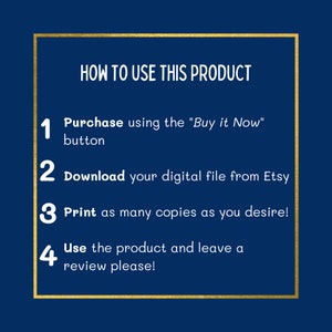 Op de afbeelding: Een gouden kader met een blauwe achtergrond en witte tekst die uitlegt hoe je een digitaal product gebruikt. De tekst luidt: "HOE JE DIT PRODUCT GEBRUIKT" en bevat vier genummerde stappen: 1. Koop met behulp van de knop "Koop nu", 2. Download je digitale bestand van Etsy, 3. Print zoveel kopie&euml;n als je wilt!, 4. Gebruik het product en laat een beoordeling achter!