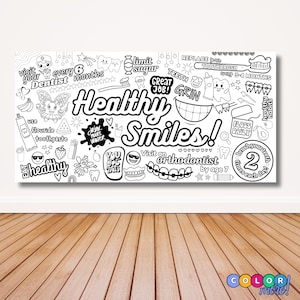 May include: Black and white coloring page with a dental theme. The page features illustrations of teeth, toothbrushes, toothpaste, and other dental care items. The text on the page includes "Healthy Smiles!" and "Visit an orthodontist by age 7".
