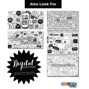 Puede incluir: Una colecci&oacute;n de p&aacute;ginas para colorear de descarga digital con citas inspiradoras e ilustraciones tem&aacute;ticas de verano. Las p&aacute;ginas presentan frases como "You Got This" y "Kindness Matters", junto con un gr&aacute;fico de "Descarga Digital".