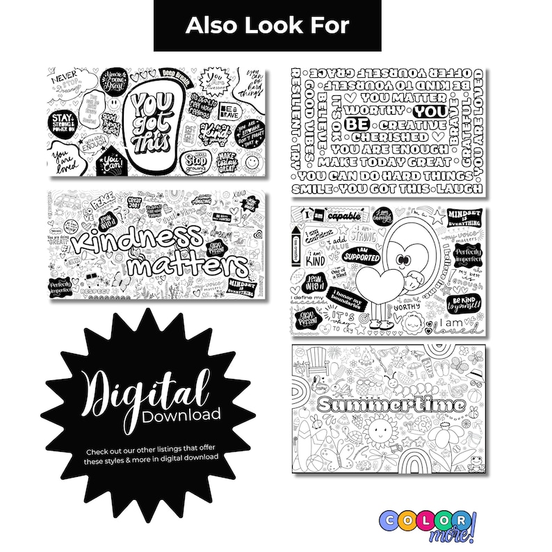 Puede incluir: Una colecci&oacute;n de p&aacute;ginas para colorear de descarga digital con citas inspiradoras e ilustraciones tem&aacute;ticas de verano. Las p&aacute;ginas presentan frases como "You Got This" y "Kindness Matters", junto con un gr&aacute;fico de "Descarga Digital".