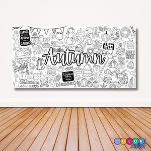 May include: Black and white illustration with the text "hello Autumn" and various fall-themed elements, including pumpkins, leaves, and a truck. The words "Leaves are falling, Autumn calling", "Pumpkin spice nice", and "Apple Cider" are also included.