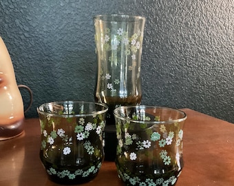 Vaso o vasos cortos vintage Libby Glass Spring Blossom / Crazy Daisy, ¡a tu elección! Estilo años 70 en color verde.