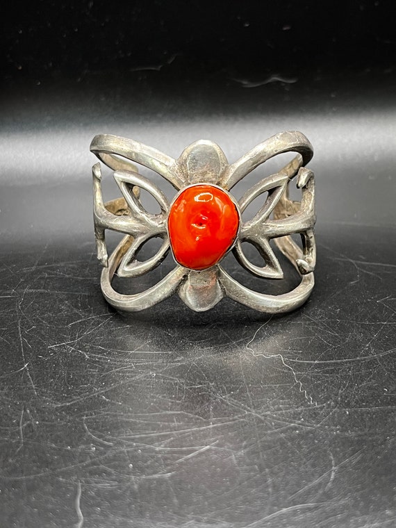 Vintage Hand Made Silver and Coral Cuff Bracelet - image 1