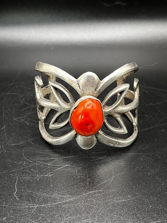 Vintage Hand Made Silver and Coral Cuff Bracelet - image 5