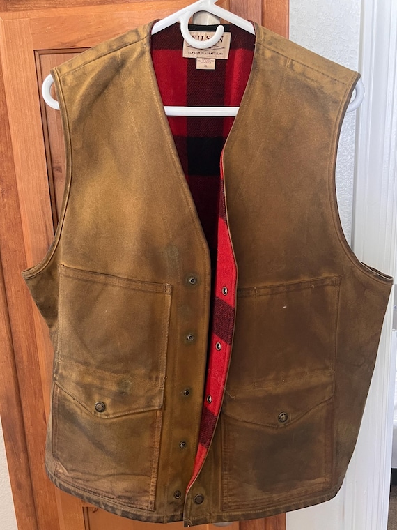 Vintage Filson XL Dark Tan Tin Cloth Cruiser Vest, Red Buffalo