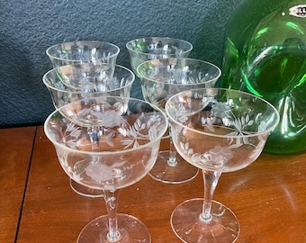 6 Sparkling Etched Floral Mid Century Crystal Glass Wine or Cocktail Glasses