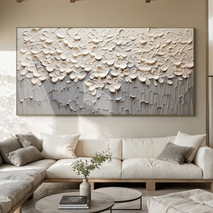 Large canvas floral painting, textured minimalist wall painting, modern abstract floral acrylic painting, neutral living room wall decor