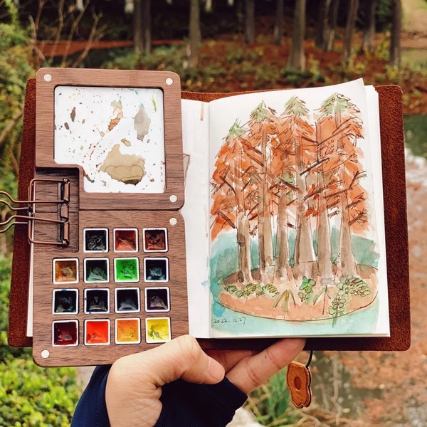 Walnut watercolor box Travel watercolor Go draw Watercolor palette Pocket watercolor box