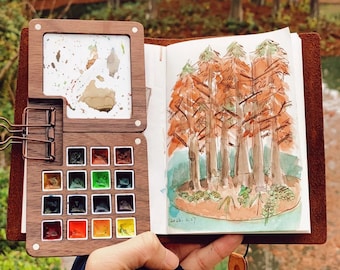 Walnut watercolor box Travel watercolor Go draw Watercolor palette Pocket watercolor box