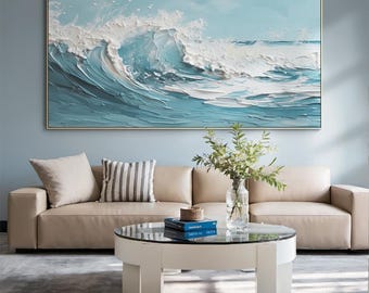 Original Blue Ocean Wave Painting – Textured Seascape Canvas Wall Art for Coastal Living Room, Dining Room or Beach House Decor