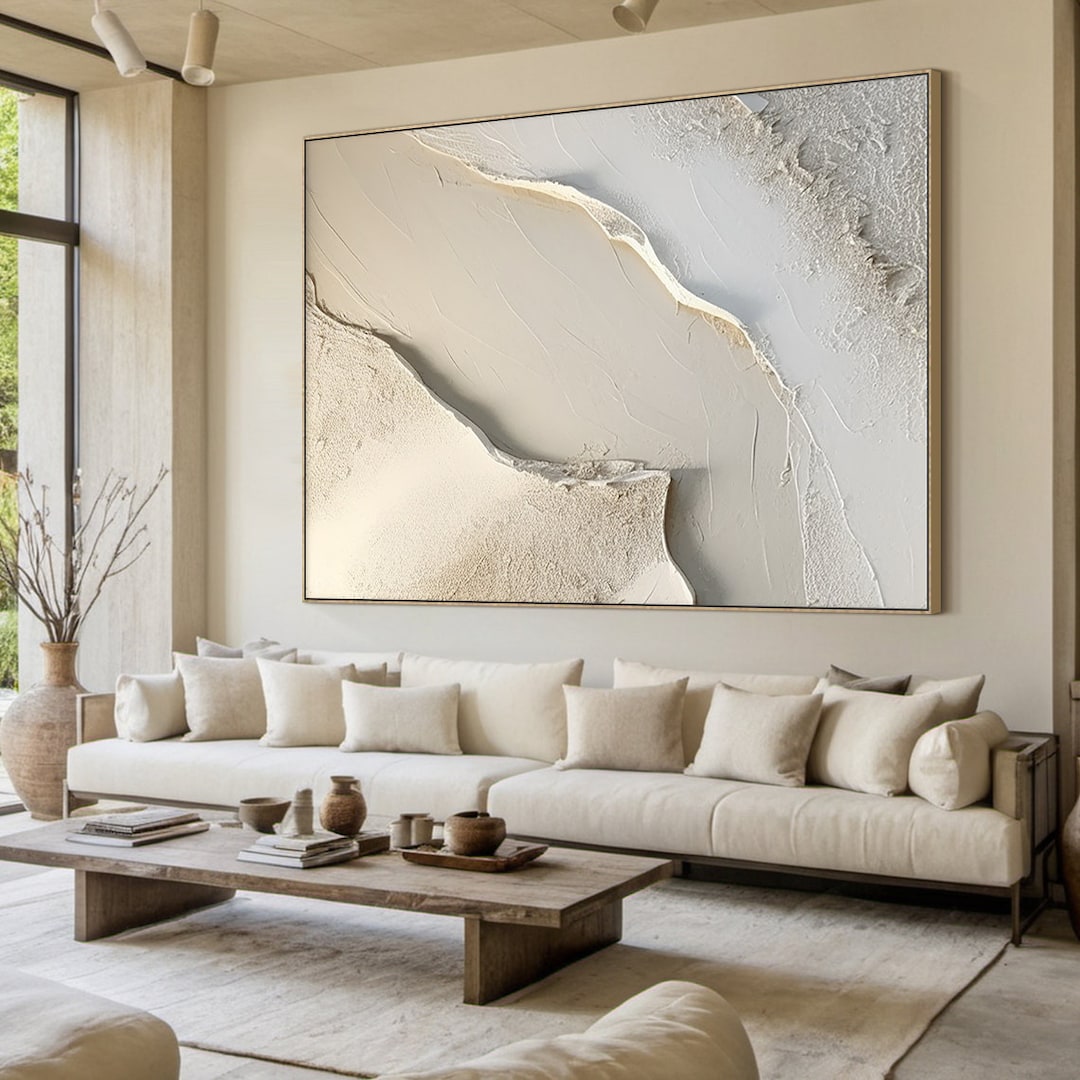 Large White Canvas Abstract Painting, Beige Minimalist Wall Art, Beige