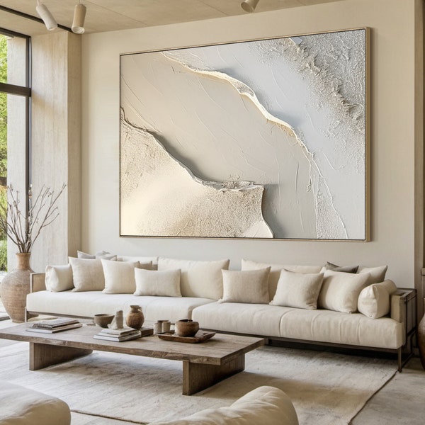 Pintura abstracta de gran tamaño sobre lienzo blanco, arte de pared minimalista beige, pintura a mano con textura beige, decoración del hogar moderna y elegante.