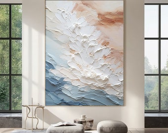 May include: Abstract painting with white, blue, and peach colors. The painting has a textured, layered look, with thick brushstrokes and raised areas.