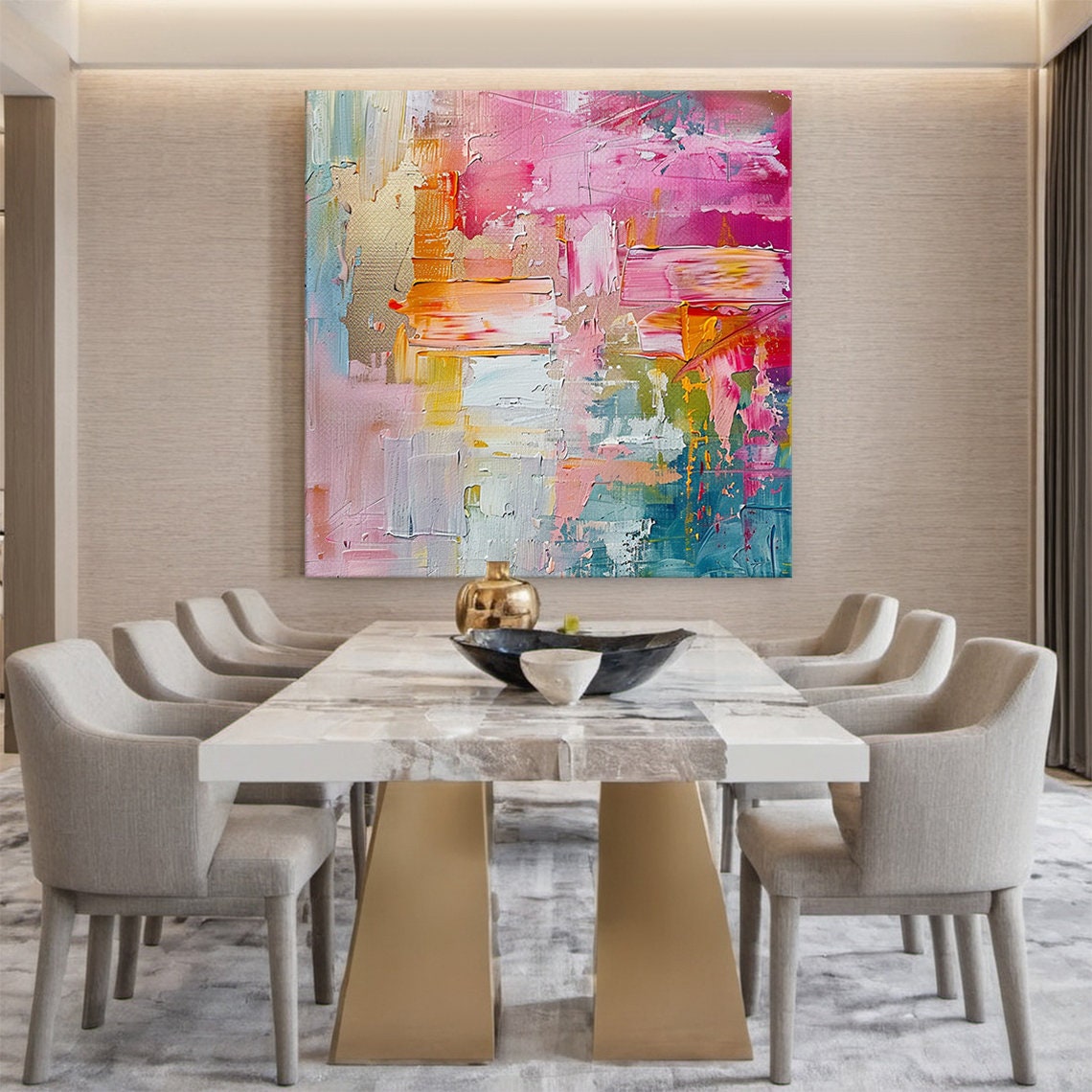 Large pink abstract oil painting, colorful handmade painting, modern office art, living room wall decoration