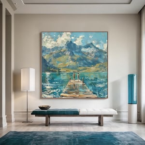Large original green abstract landscape oil painting, lake painting art, vintage rural landscape painting, country farmhouse decorative art